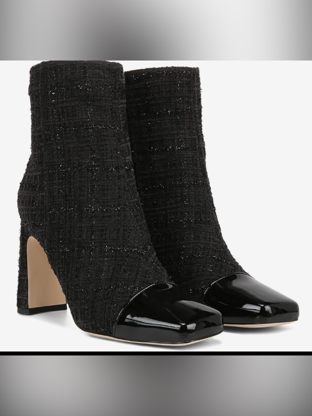 Circus NY Sam
Edelman Easton boots black metallic tweed patent high block heels